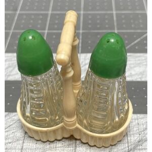 Mini Glass Salt & Pepper Shakers in Basket Green Top RETRO 1950's